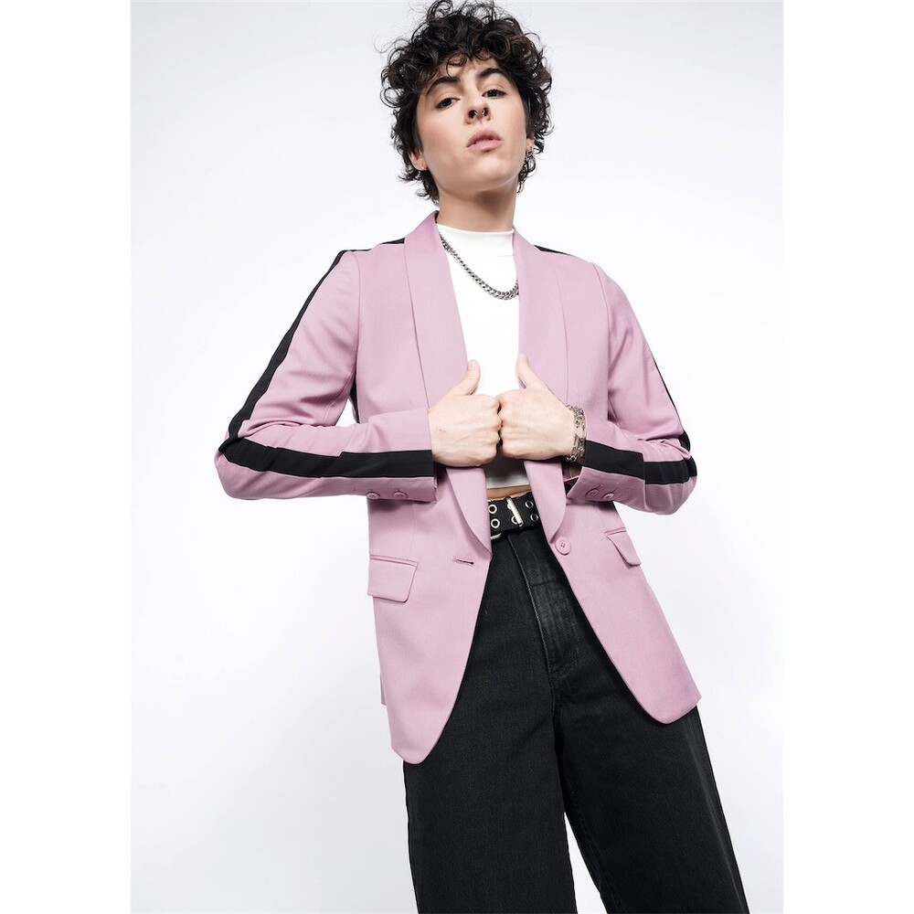Wildfang Empower Tuxedo Style Blazer Women’s Mauve with Black Stripe
